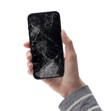 Woman holding a smartphone with cracked screen, smartphone repair service concept On white background
