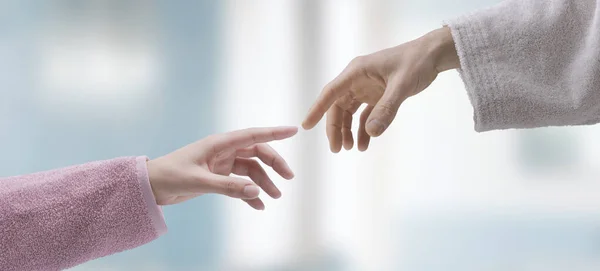 Man Woman Bathrobe Touching Fingers Connecting Togetherness Concept — 图库照片