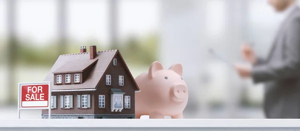 House Sale Piggy Bank Real Estate Agent Background — Stock Photo, Image