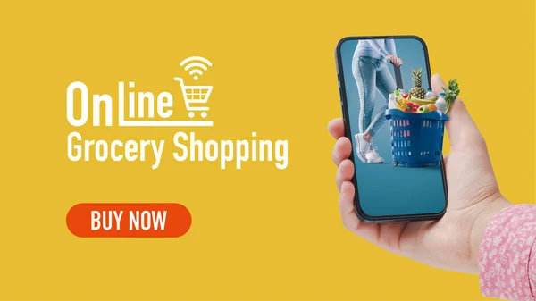 Online Grocery Shopping Home Delivery Hand Holding Smartphone Customer Full — Foto Stock