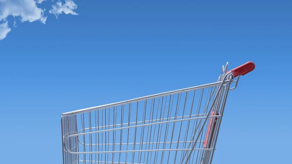 Empty Shopping Cart Blue Sky Background Grocery Shopping Concept — стоковое фото