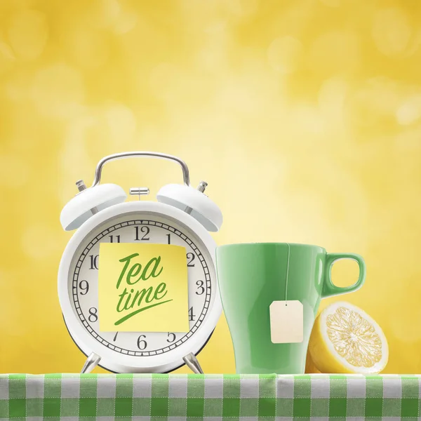 Alarm Clock Tea Time Reminder Cup Hot Tea Table — Stock Fotó