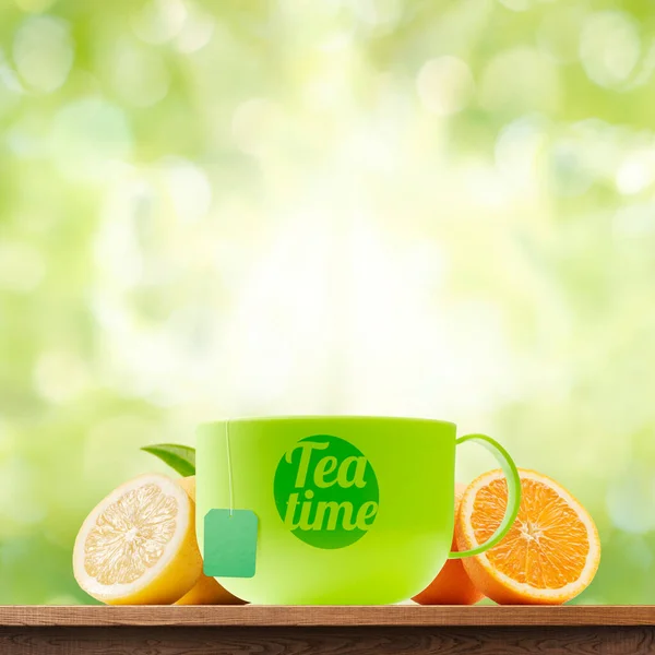 Green Tea Cup Lemons Oranges Table Tea Time — Stock Fotó