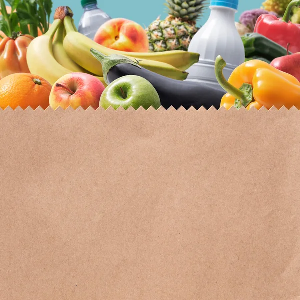 Paper Bag Full Fresh Groceries Close Grocery Shopping Concept — Foto Stock