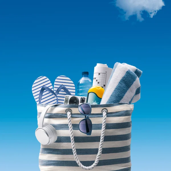 Striped Beach Bag Accessories Blue Sky Background Summer Vacations Concept — Zdjęcie stockowe