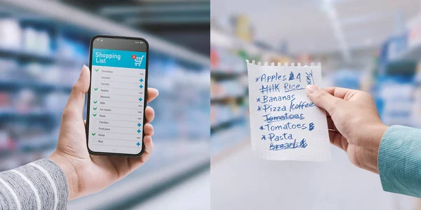 Traditional Handwritten Shopping List Digital Grocery List Smartphone App Comparison — Foto Stock