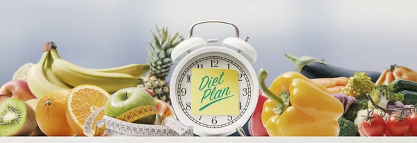 Diet Rencana Dan Makanan Sehat Jam Alarm Dengan Catatan Lengket — Stok Foto