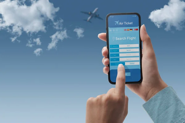 User Holding Smartphone Booking Cheap Flights Online Sky Background Pov — Stock Photo, Image