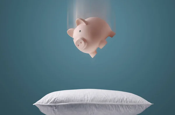 Financial services: how to protect your financial investments and savings, piggy bank falling on a soft pillow