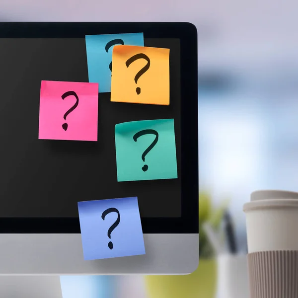 Collection Colorful Sticky Notes Question Marks Computer Screen Problem Solving — Foto Stock