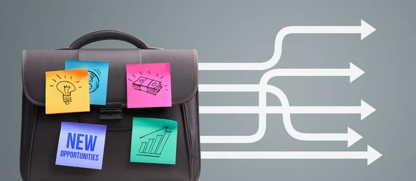 Sticky Notes Business Concepts Briefcase Arrows Going Forward Creative Business — Fotografie, imagine de stoc