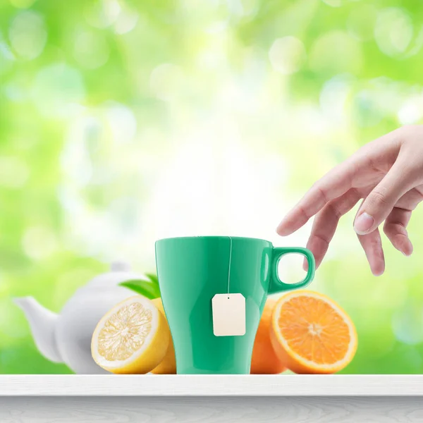 Healthy Delicious Tea Break Outdoors Garden Woman Taking Cup Tea — Stock Photo, Image