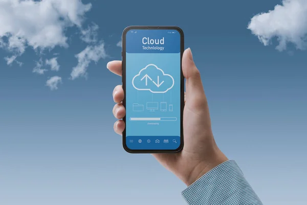 Hand Holding Smartphone Cloud Based Application User Downloading Data Device — Stockfoto