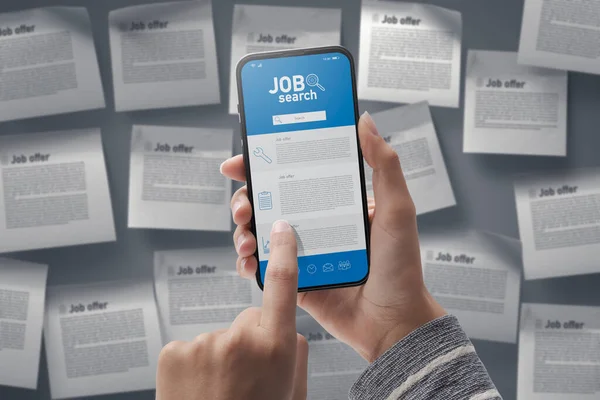 Job Search App Smartphone Woman Searching Professional Occupation Online — Stock fotografie