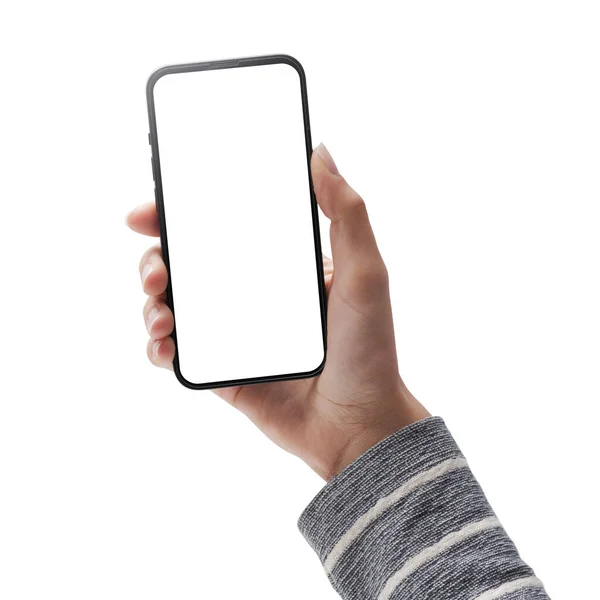 Female Hand Holding Smartphone Blank Screen White Background — Fotografia de Stock