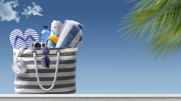 Striped Beach Bag Accessories Blue Sky Background Summer Vacations Concept — Φωτογραφία Αρχείου