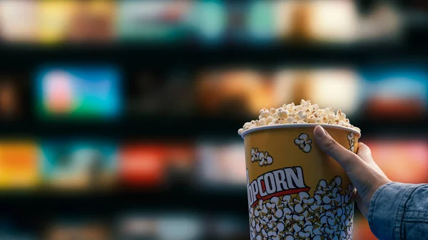 Woman Eating Popcorn Watching Videos Demand Home — Stock Photo, Image