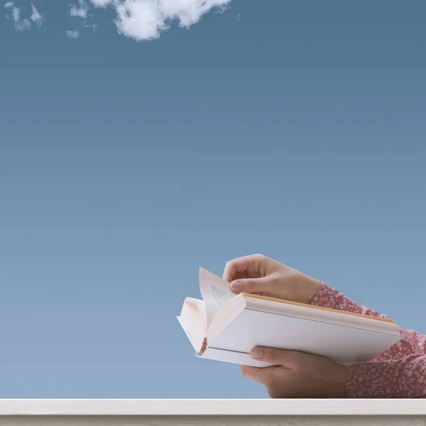 Woman Reading Book Blue Sky Education Knowledge Freedom Concept Blank — стоковое фото