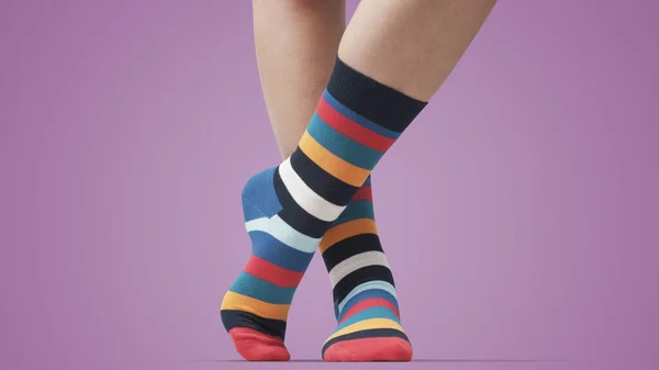 Model Posing Colorful Striped Socks Standing Feet Close — стоковое фото