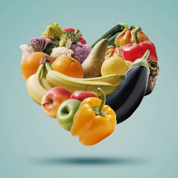 Kalp Şeklinde Sıralanmış Meyve Sebzeler Sağlıklı Gıda Beslenme Konsepti Izole — Stok fotoğraf