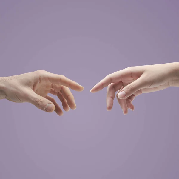 Male Female Hands Reaching Each Other Togetherness Union Concept Blank — 图库照片
