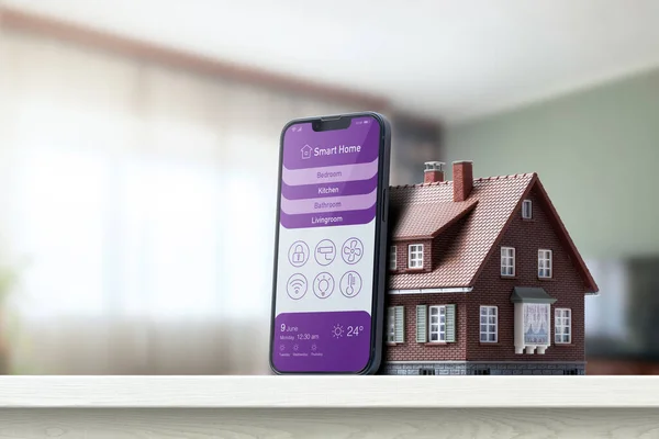 Smart Home Control App Smartphone Model House Home Automation Concept — Photo