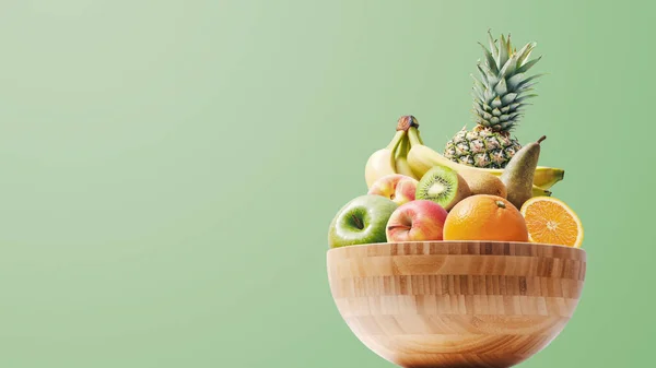 Wooden Bowl Full Fresh Delicious Fruit Healthy Diet Concept Blank — Foto Stock