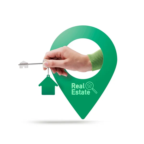 Hand Holding House Keys Location Pin Real Estate Concept White — Stock Photo, Image