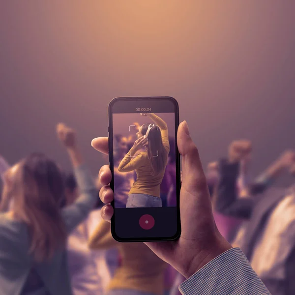 Woman Holding Smartphone Shooting Video People Dancing Party — Stock Photo, Image