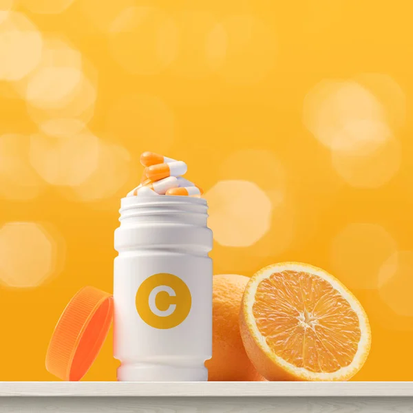 Vitamin Kiegészítők Friss Narancs Egészséges Táplálkozás Koncepció Üres Másolótér — Stock Fotó