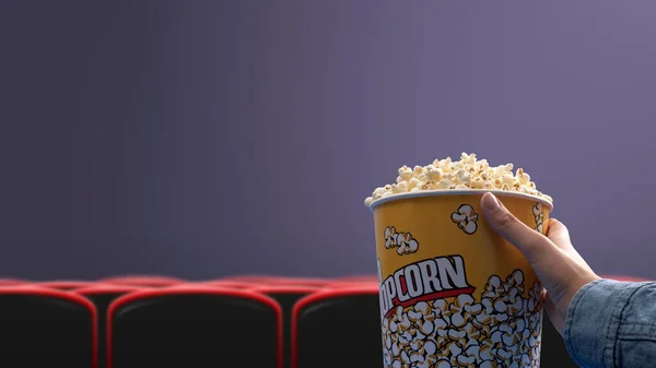 Woman Eating Popcorn Movie Theater Pov Shot Blank Copy Space — Stock Photo, Image