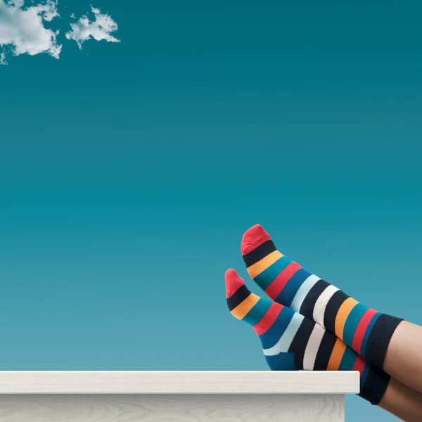 Creative Carefree Person Wearing Colorful Striped Socks Relaxing Feet Desk — Stock Photo, Image