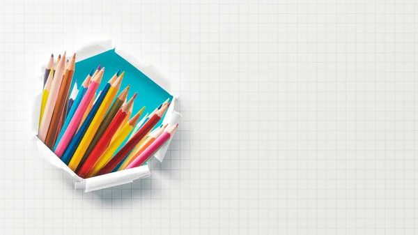 Ensemble Crayons Colorés Dans Trou Papier Concept Créativité Éducation Espace — Photo