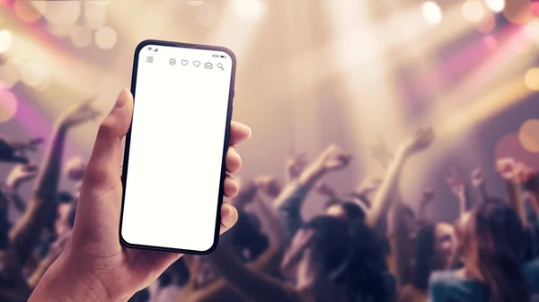 Woman Holding Smartphone Disco People Dancing Background Blank Screen Pov — Stock Photo, Image