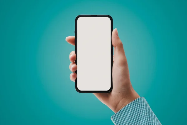 Weibliche Hand Hält Ein Smartphone Mit Leerem Bildschirm Technologie Und — Stockfoto