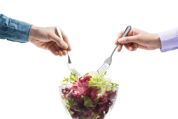 Man Woman Eating Fresh Salad Together Healthy Lifestyle Concept Isolated — Stock Photo, Image