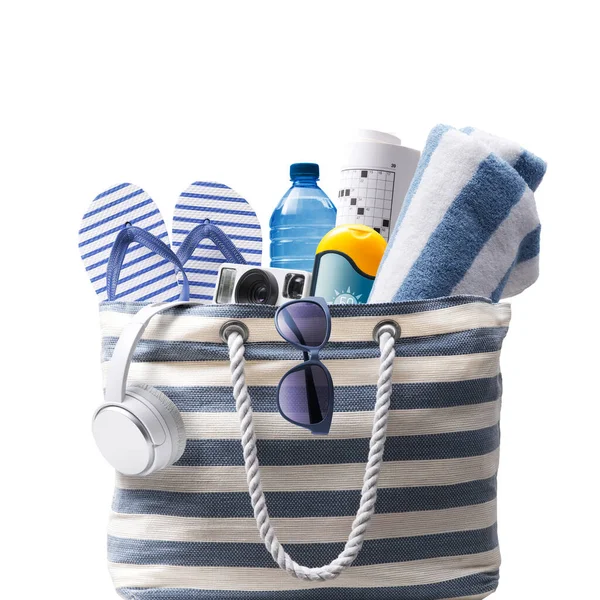 Striped Beach Bag Accessories Isolated White Background Summer Vacations Concept — Stock Photo, Image