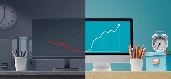 Datorer Som Visar Negativa Och Positiva Finansiella Trender Diagram Företag — Stockfoto