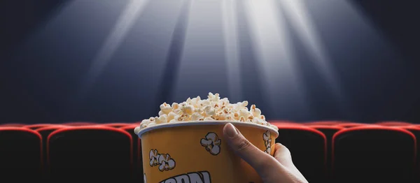 Woman Sitting Cinema Eating Popcorn Movies Entertainment Concept Pov Shot — Stock Photo, Image