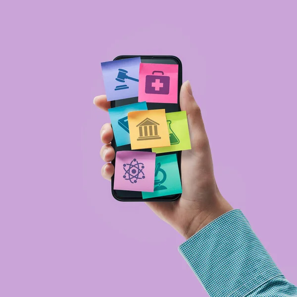 Online Learning Educational Apps Smartphone Sticky Notes Icons Representing Different — Stock Photo, Image