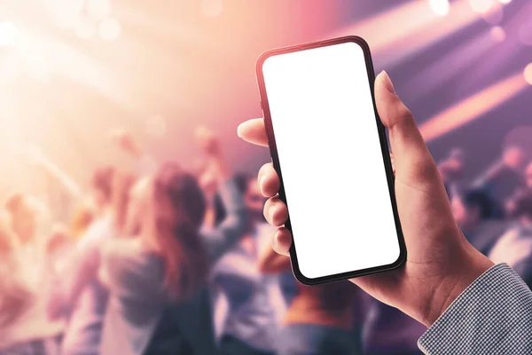 Woman Holding Smartphone Disco People Dancing Background Blank Screen Pov — Stock Photo, Image