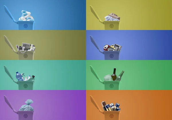 異なる種類の廃棄物とコピースペース リサイクルおよび個別の廃棄物収集コンセプトを持つゴミ箱のセット — ストック写真