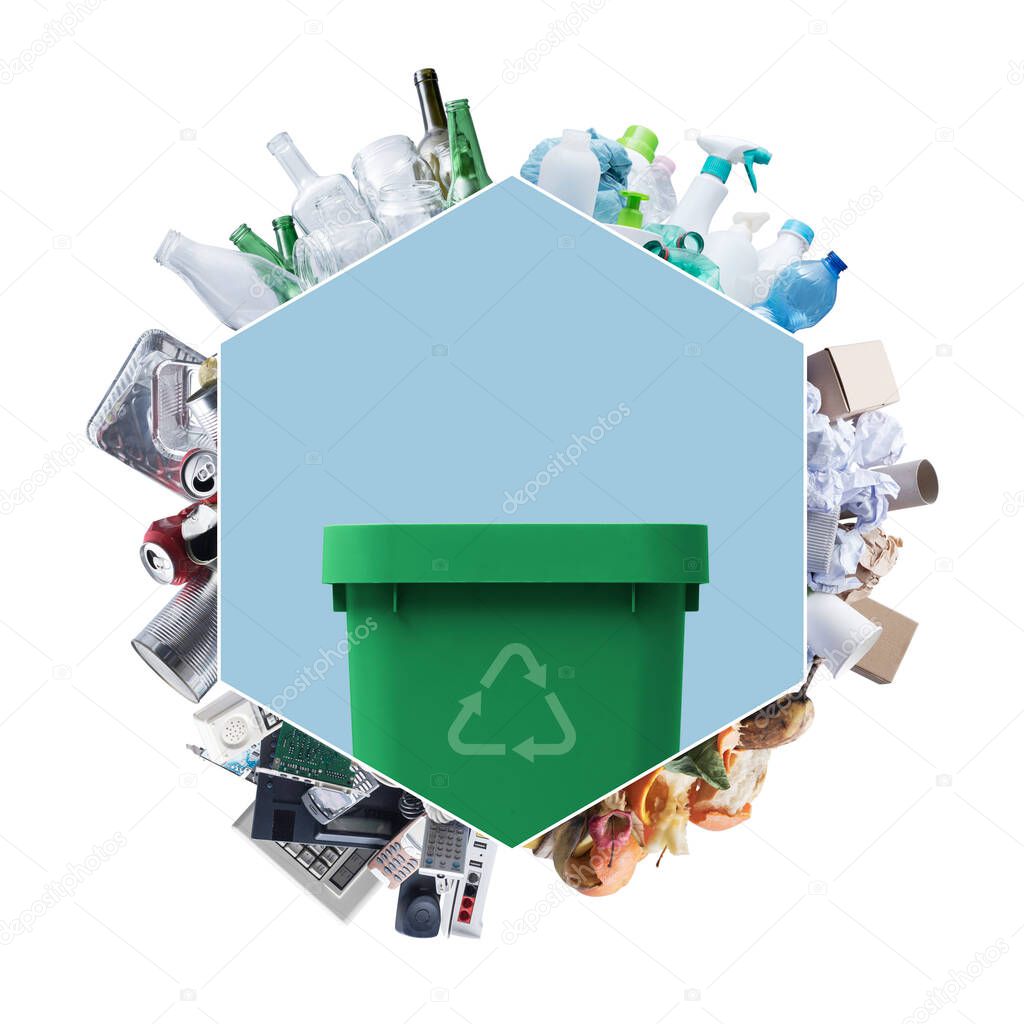 Recycling, separate waste collection and waste management template design with copy space