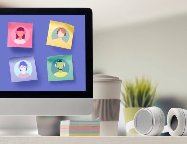 Sticky notes with students avatars on the computer screen, online learning and social media concept