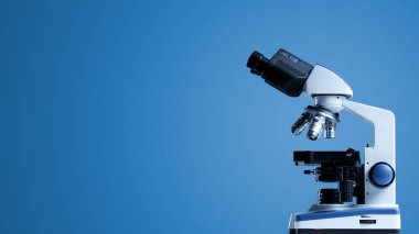 Mavi arka plan, bilim ve tıbbi araştırma kavramı üzerine profesyonel laboratuvar mikroskobu