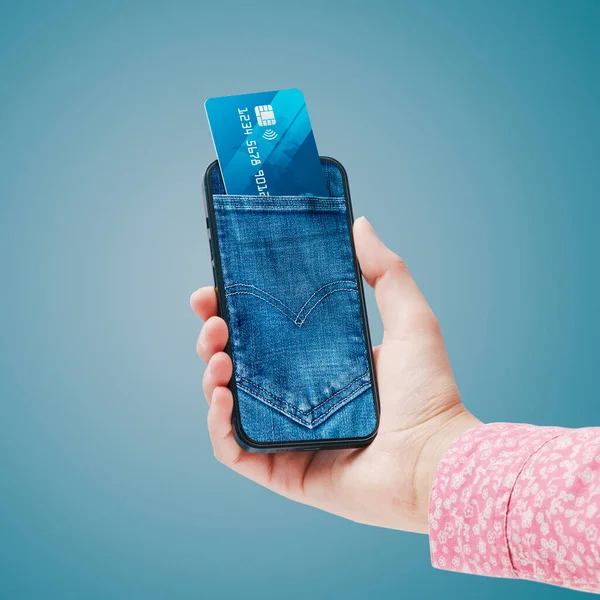 Jeans Pocket Smartphone Display Credit Card Mobile Payments Online Banking — Fotografia de Stock