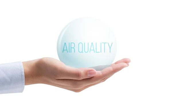 Mano Sosteniendo Una Burbuja Aire Limpio Monitoreo Del Índice Calidad — Foto de Stock