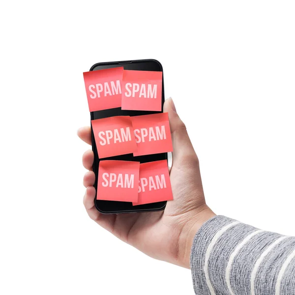Hand Holding Smartphone Full Spam Texts Cybersecurity Concept Isolated White — Stock Photo, Image