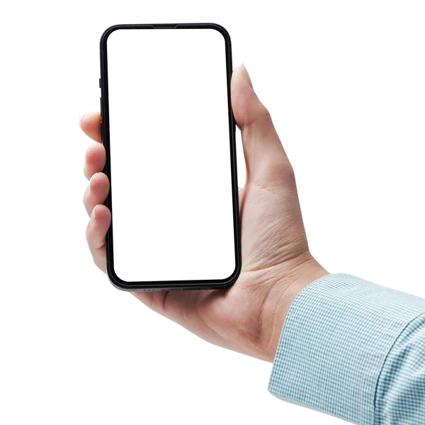 Vrouwelijke Hand Met Een Smartphone Met Leeg Scherm Een Witte — Stockfoto