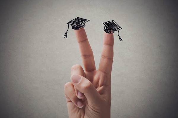 Sign Gesture Sketched Academic Caps Fingers University Graduation Concept Copy — Foto de Stock